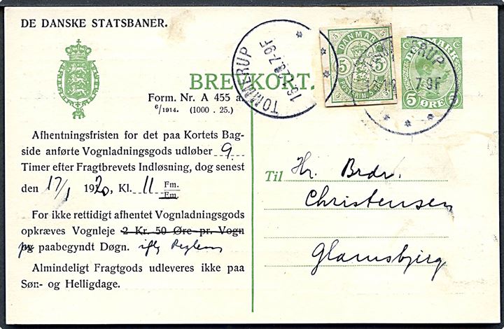 5 øre Chr. X helsagsbrevkort med advis fra De danske Statsbaner opfrankeret med 5 øre Våben helsagsafklip annulleret med brotype IIIb Tommerup d. 16.1.1920 til Glamsbjerg.