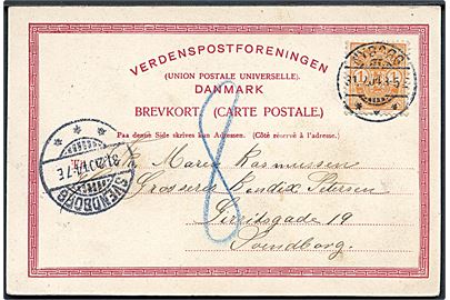 Ufrankeret brevkort (Borgerforeningen, Nyborg) postalt opfrankeret med 1 øre Våben annulleret Nyborg d. 31.12.1904 til Svendborg. Udtakseret i 8 øre porto. 