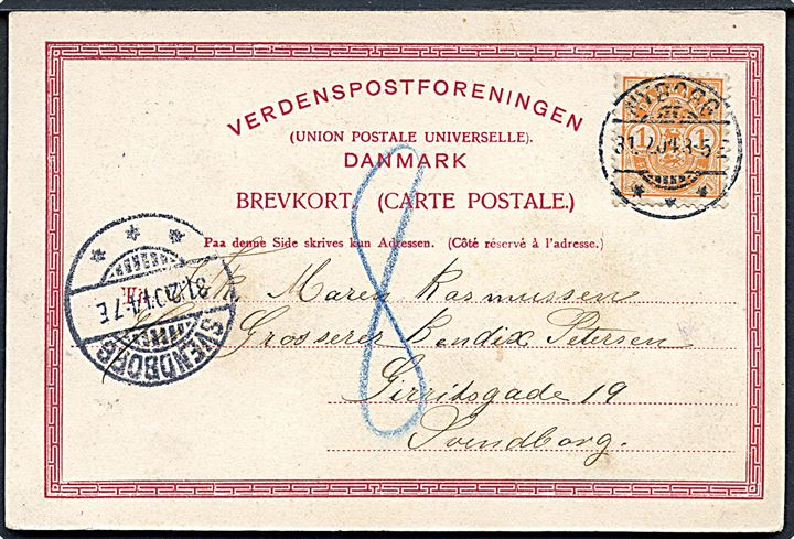 Ufrankeret brevkort (Borgerforeningen, Nyborg) postalt opfrankeret med 1 øre Våben annulleret Nyborg d. 31.12.1904 til Svendborg. Udtakseret i 8 øre porto. 