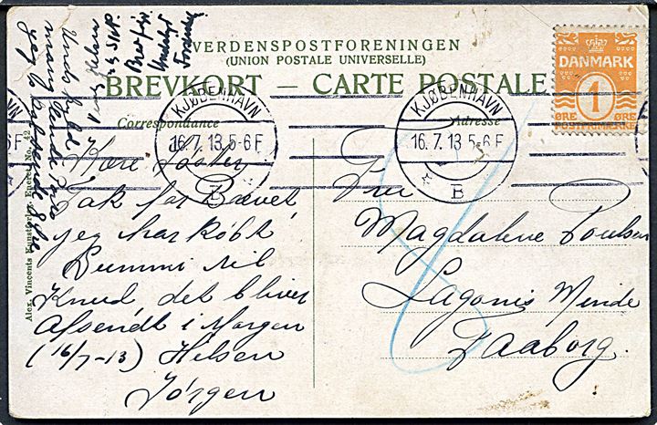 1 øre Bølgelinie på underfrankeret brevkort fra Kjøbenhavn d. 16.7.1913 til Faaborg. Udtakseret i 8 øre porto. Iflg. tekst Undskyld manglede Porto jeg skal sende dig 8 Øre.