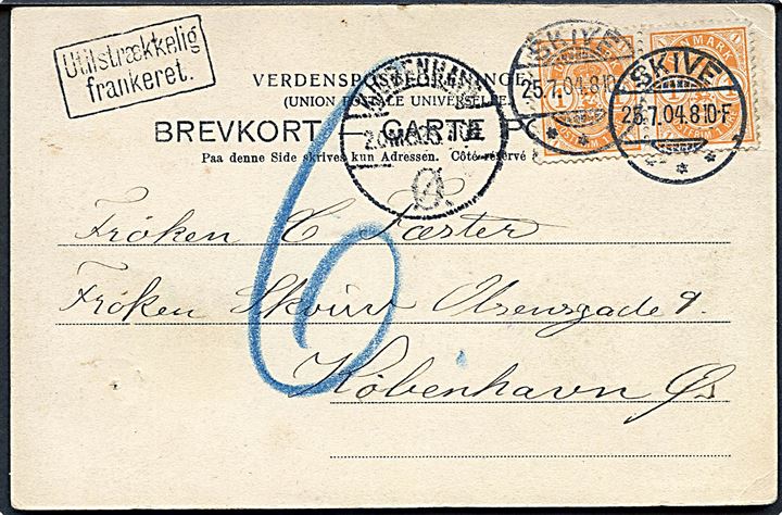 1 øre Våben (2) på underfrankeret brevkort (Jernbanebroen, Skive) fra Skive d. 25.7.1904 til København. Rammestempel Utilstrækkelig frankeret og påskrevet 6 øre porto.