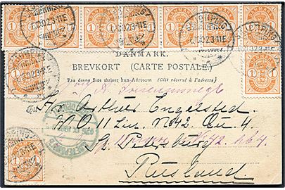 1 øre Våben (10) på brevkort fra Skjørping d. 6.10.1902 til St. Petersborg, Rusland. 