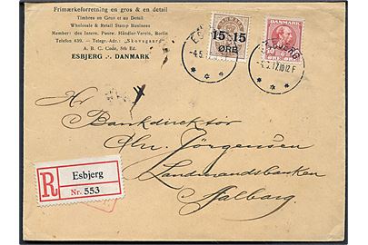 10 øre Chr. IX og 15/24 øre Provisorium på anbefalet brev fra Esbjerg d. 4.5.1917 til Aalborg.