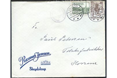 5 øre og 10 øre Regentjubilæum på brev annulleret Vojens d. 17.8.1937 og sidestemplet med posthornstempel SKRYDSTRUP (VOJENS) til Horsens.