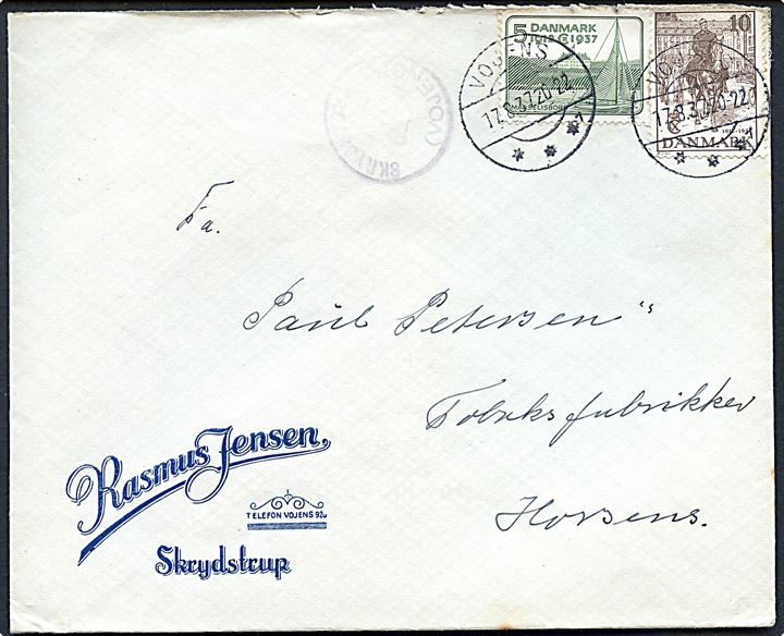 5 øre og 10 øre Regentjubilæum på brev annulleret Vojens d. 17.8.1937 og sidestemplet med posthornstempel SKRYDSTRUP (VOJENS) til Horsens.