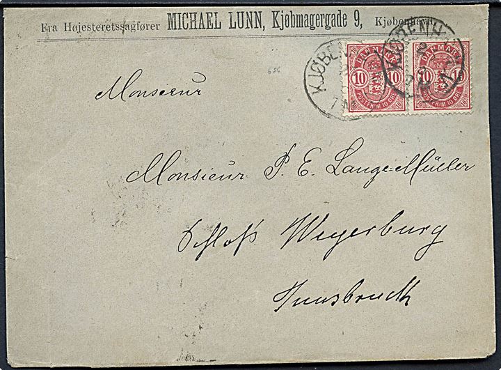 10 øre Våben i parstykke - venstre mærke med matricefejl Åbent 0 - på brev fra Kjøbenhavn d. 23.5.1890 til Innsbruck, Østrig.