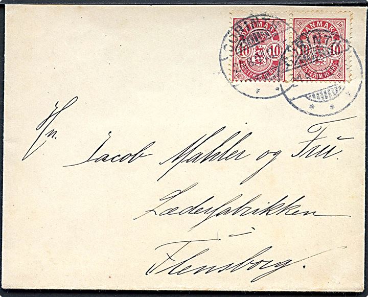 10 øre Våben i parstykke på brev annulleret med brotype Ia Corinth d. 2.4.1904 til Flensborg, Tyskland.