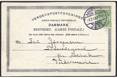 5 øre Våben på brevkort annulleret med brotype Ia Aakirkeby JB.P.E. d. 7.7.1905 til Lobbæk.