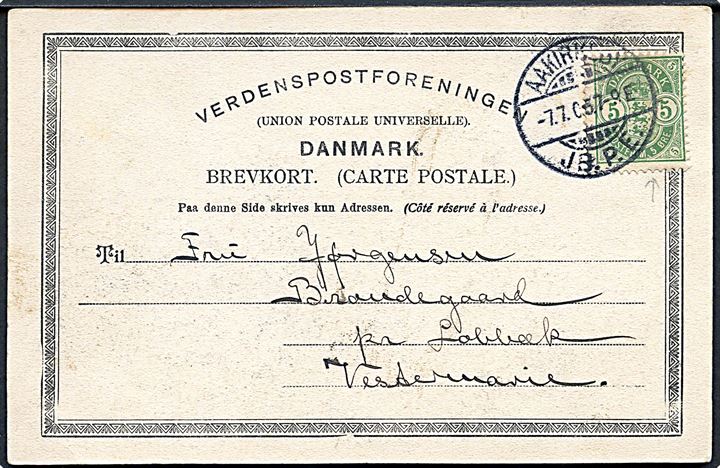 5 øre Våben på brevkort annulleret med brotype Ia Aakirkeby JB.P.E. d. 7.7.1905 til Lobbæk.