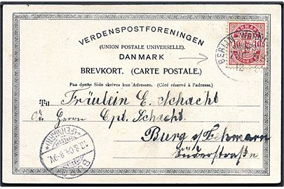 10 øre Våben på brevkort fra Nykøbing F. annulleret med tysk bureaustempel Berlin - Warnemünde Bahnpost Zug 581 d. 12.8.1904 til Burg a/ Fehmarn, Tyskland.