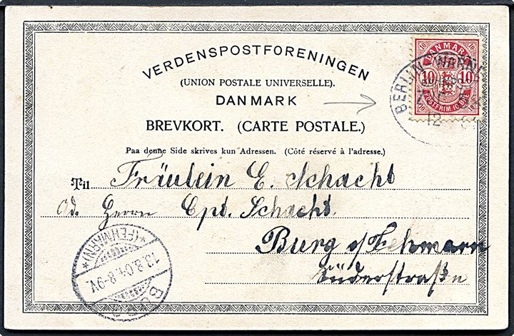 10 øre Våben på brevkort fra Nykøbing F. annulleret med tysk bureaustempel Berlin - Warnemünde Bahnpost Zug 581 d. 12.8.1904 til Burg a/ Fehmarn, Tyskland.