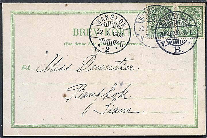 5 øre Våben i parstykke på brevkort (København, Langelinie) annulleret Kjøbenhavn d. 20.2.1902 til Bangkok, Siam. Ank.stemplet Bangkok d. 22.1.1903.