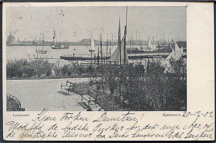 5 øre Våben i parstykke på brevkort (København, Langelinie) annulleret Kjøbenhavn d. 20.2.1902 til Bangkok, Siam. Ank.stemplet Bangkok d. 22.1.1903.