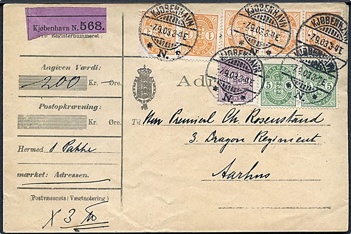 1 øre (5), 5 øre (2) og 15 øre Våben på adressebrev for værdipakke fra Kjøbenhavn d. 7.9.1903 til Aarhus.