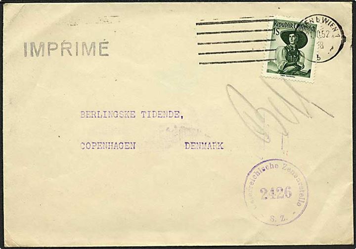 1 s. Egnsdragt single på tryksag fra Wien d. 21.10.1952 til København, Danmark. Passér stemplet af østrigsk efterkrigscensur nr. 2426.