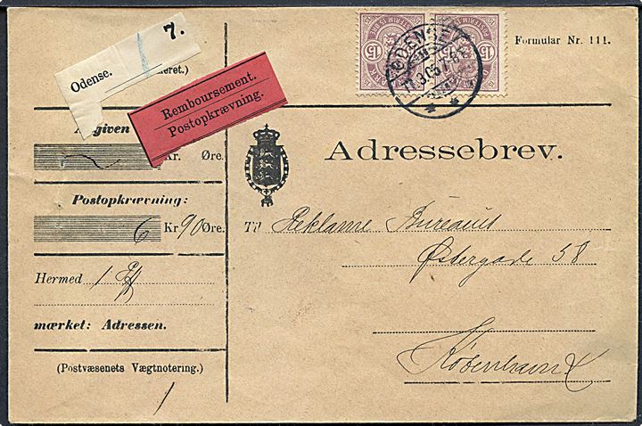 15 øre Våben i parstykke på adressebrev for pakke med postopkrævning fra Odense d. 11.3.1905 til København.