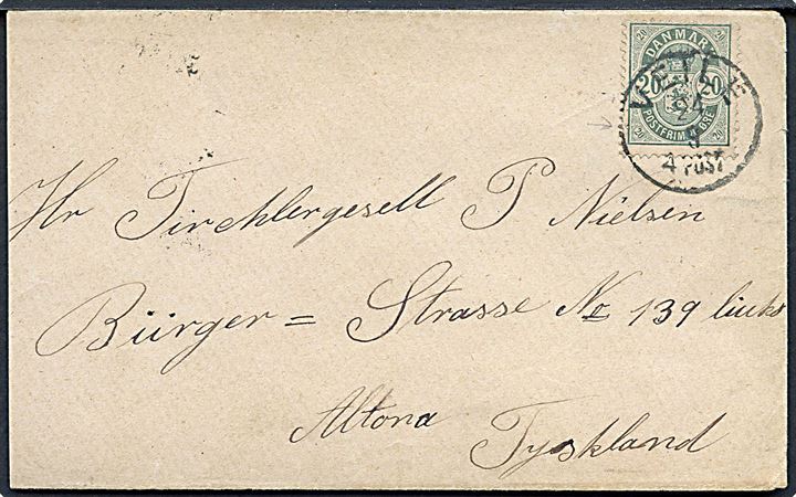 20 øre Våben på brev annulleret med lapidar Veile d. 24.8.1889 til Altona, Tyskland.