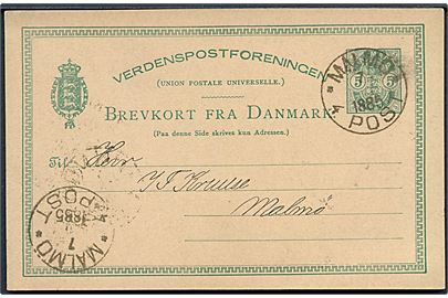 5 øre Våben helsagsbrevkort fra Kjøbenhavn d. 7.10.1885 annulleret med svensk stempel Malmö 4. Post d. 7.10.1885 til Malmö, Sverige.