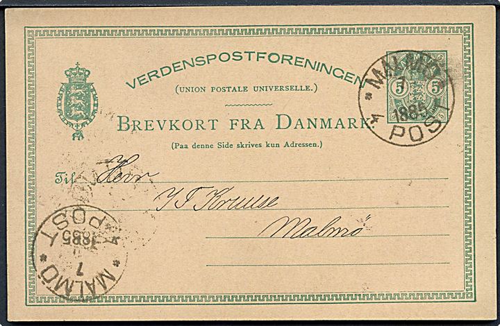5 øre Våben helsagsbrevkort fra Kjøbenhavn d. 7.10.1885 annulleret med svensk stempel Malmö 4. Post d. 7.10.1885 til Malmö, Sverige.