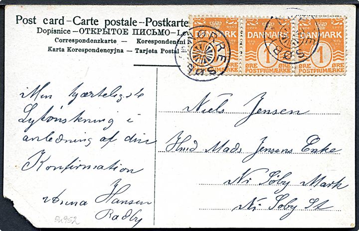 1 øre Bølgelinie på lokalt brevkort dateret Radby annulleret med stjernestempel NØRRE SØBY til Nørre Søby. Hj. skade.