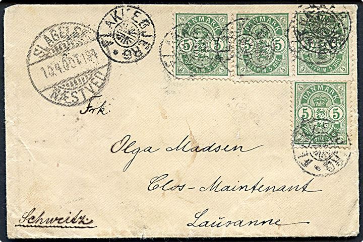 5 øre Våben (4) på brev annulleret med stjernestempel FLAKKEBJERG og sidestemplet bureau Slagelse - Næstved T.134 d. 10.4.1900 til Lausanne, Schweiz.