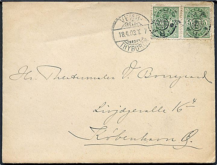 5 øre Våben (2) på brev annulleret med stjernestempel RAMME og sidestemplet bureau Vemb - Thyborøn T.7 d. 18.4.1903 til Kjøbenhavn.