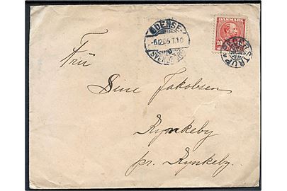 10 øre Chr. IX på brev annulleret med stjernestempel PEDERSTRUP og sidestemplet bureau Odense - Svendborg T.10 d. 6.12.1905 til Rynkeby.