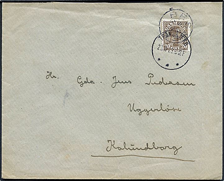 20 øre Chr. X på brev annulleret med stjernestempel BESSER og sidestemplet brotype IIIb Tranebjerg d. 23.11.1923 til Uggerløse pr. Kalundborg.