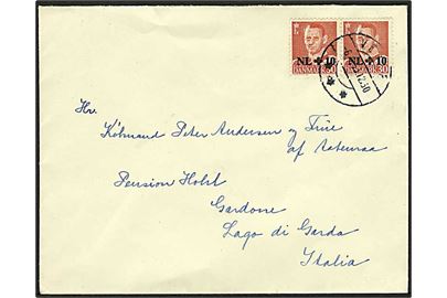 30+10 øre Hollandshjælpen i parstykke på brev fra Vejle d. 6.9.1953 til Gardone, Italien.