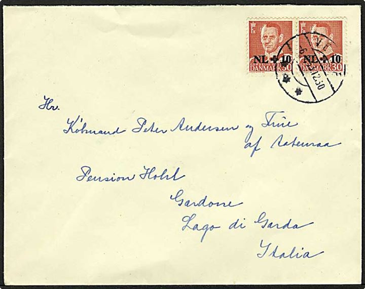 30+10 øre Hollandshjælpen i parstykke på brev fra Vejle d. 6.9.1953 til Gardone, Italien.
