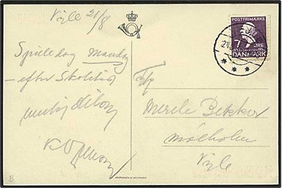 7 øre H.C.Andersen single på lokalt brevkort i Vejle d. 21.8.1936.