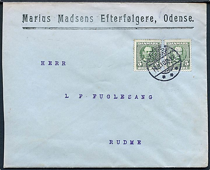 5 øre Fr. VIII (2) med perfin M.M.E. på firmakuvert fra Marius Madsens Efterfølger i Odense d. 14.3.1910 til Rudme.