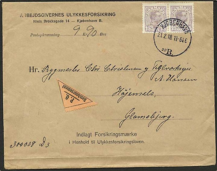 15 øre Chr. X i parstykke med perfin AU på brev med opkrævning fra Arbejdsgivernes Ulykkesforsikring i Kjøbenhavn d. 21.2.1918 til Glamsbjerg.