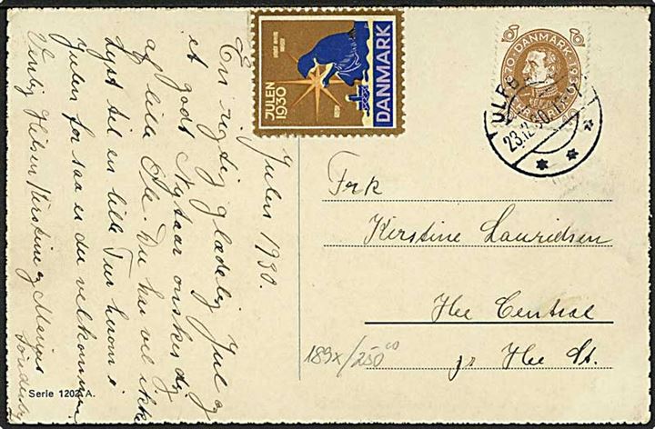 10 øre Chr. X 60 år med variant Spids øjenbryn på brevkort fra Ulfborg d. 23.12.1930 til He St.
