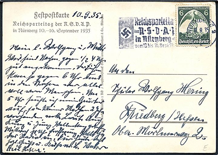 Reichsparteitag 1935 Nürnberg. Festpostkort frankeret med 6 pfg. Reichsparteitag udg. annulleret med særligt TMS i Nürnberg d. 10.9.1935.