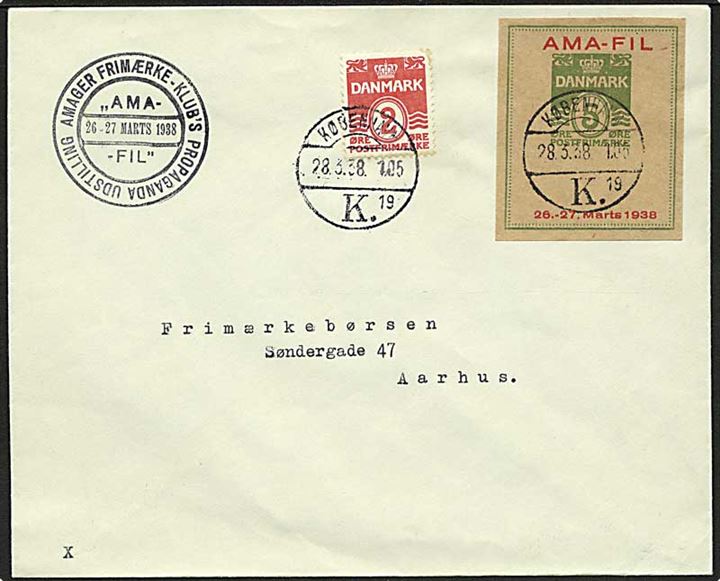 2 øre Bølgelinie og 5 øre helsagsafklip med privat tiltryk AMA-FIL 26.-27. Marts 1938 på tryksag stemplet København d. 28.3.1938 til Aarhus.