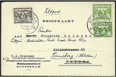 1½ c. og 3 c. (par) Ciffer på brevkort fra Rotterdam d. 21.11.1939 til Bremen, Tyskland - eftersendt som feltpost til militæradresse i Pinneberg.