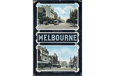 Melbourne. Collins Street East & Bourke Street med sporvogne. W. & B. u/no. (Afrevet mærke). 