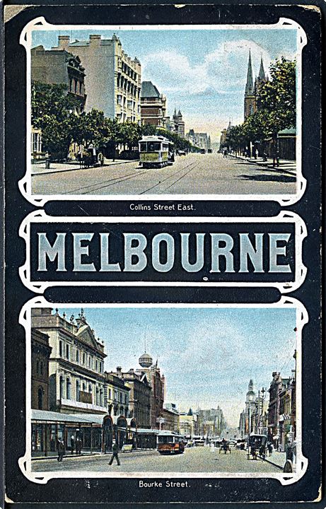Melbourne. Collins Street East & Bourke Street med sporvogne. W. & B. u/no. (Afrevet mærke). 