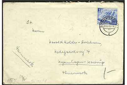 25 pfg. Leipzig messe single på brev fra Schönebeck d. 28.6.1940 til Kastrup, Danmark. Åbnet af tysk censur i Berlin.