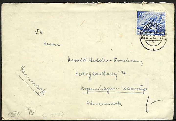 25 pfg. Leipzig messe single på brev fra Schönebeck d. 28.6.1940 til Kastrup, Danmark. Åbnet af tysk censur i Berlin.