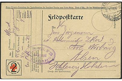 2 pfg. Kreuz Pennig-Samlung 1914 feltpost brevkort med svagt stempel fra 30.6.1916 til Nordborg på Als. Censurstempel fra Res. Inf. Regt. 215.