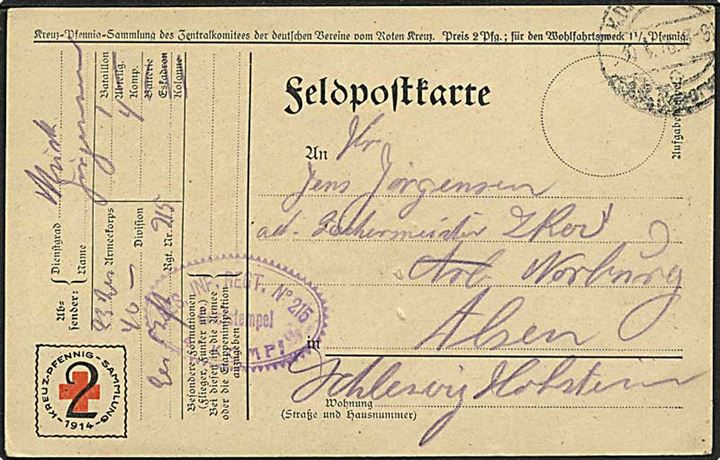 2 pfg. Kreuz Pennig-Samlung 1914 feltpost brevkort med svagt stempel fra 30.6.1916 til Nordborg på Als. Censurstempel fra Res. Inf. Regt. 215.