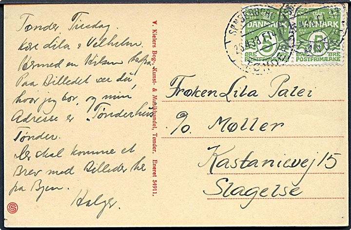 5 øre Bølgelinie i parstykke på brevkort (Den danske Forsamlingsbygning, Tønder) annulleret med bureaustempel Sønderborg - Tønder T.1417 d. 23.4.1933 til Slagelse.
