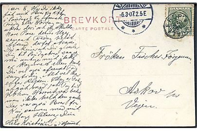 5 øre Chr. IX på brevkort annulleret med stjernestempel SVALLERUP og sidestemplet Kallundborg d. 6.3.1907 til Askov pr. Vejen.