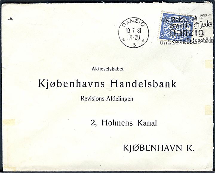 35 pfg. Våben single på brev annulleret med TMS i Danzig d. 10.7.1931 til København, Danmark.