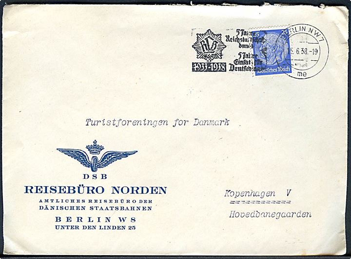 25 pfg. Hindenburg på fortrykt kuvert fra DSB Rejsebureau i Berlin d. 15.6.1938 til København, Danmark.
