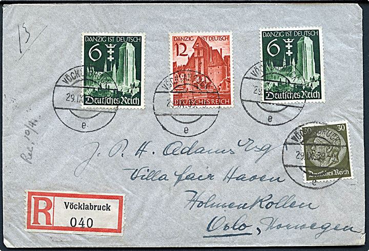 Danzig ist Deutsch udg. og 30 pfg. Hindenburg på anbefalet brev fra Vöcklabruck d. 29.9.1939 til Oslo, Norge. Åbnet af tysk toldkontrol i Linz.