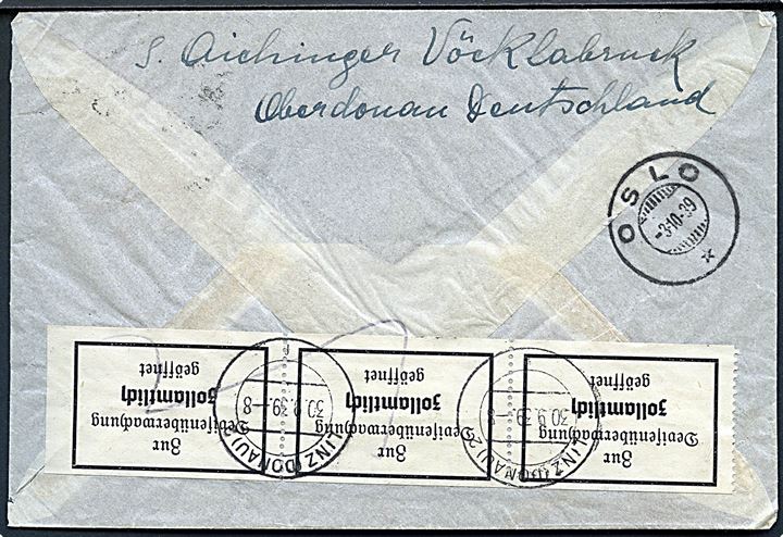 Danzig ist Deutsch udg. og 30 pfg. Hindenburg på anbefalet brev fra Vöcklabruck d. 29.9.1939 til Oslo, Norge. Åbnet af tysk toldkontrol i Linz.