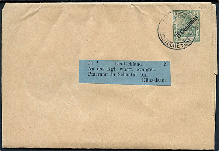 5 Centimes/5 pfg. helsagskorsbånd annulleret med svagt stempel Jerusalem Deutsche Post 1911 til Künzelsau, Tyskland. 